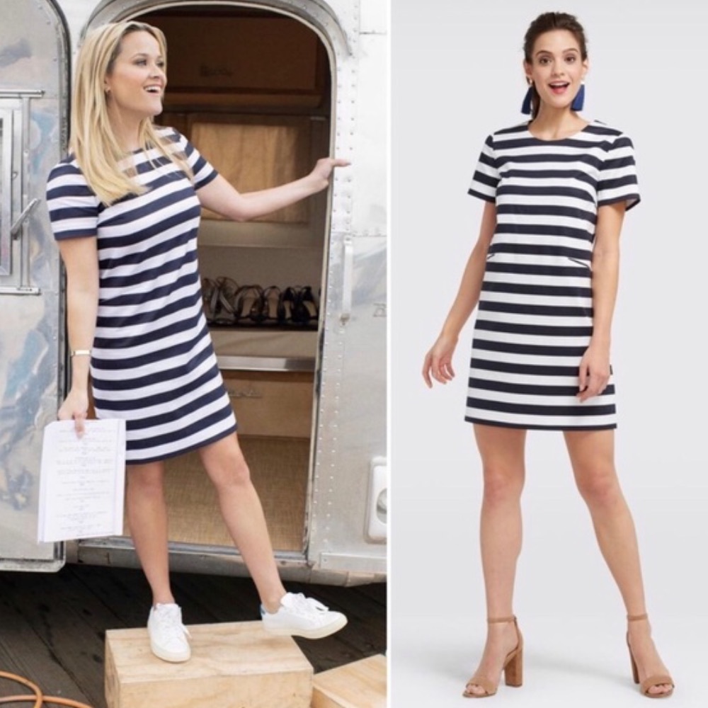 Draper James Striped Short Sleeve Shift Dress With Front Pockets